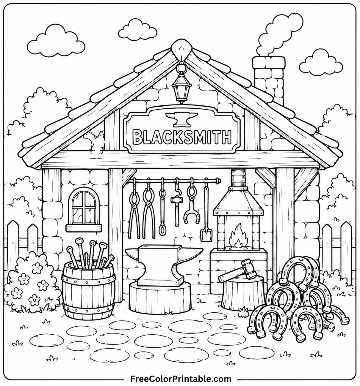 Rustic blacksmith shop coloring page Coloring Page — Free Printable — free printable coloring page